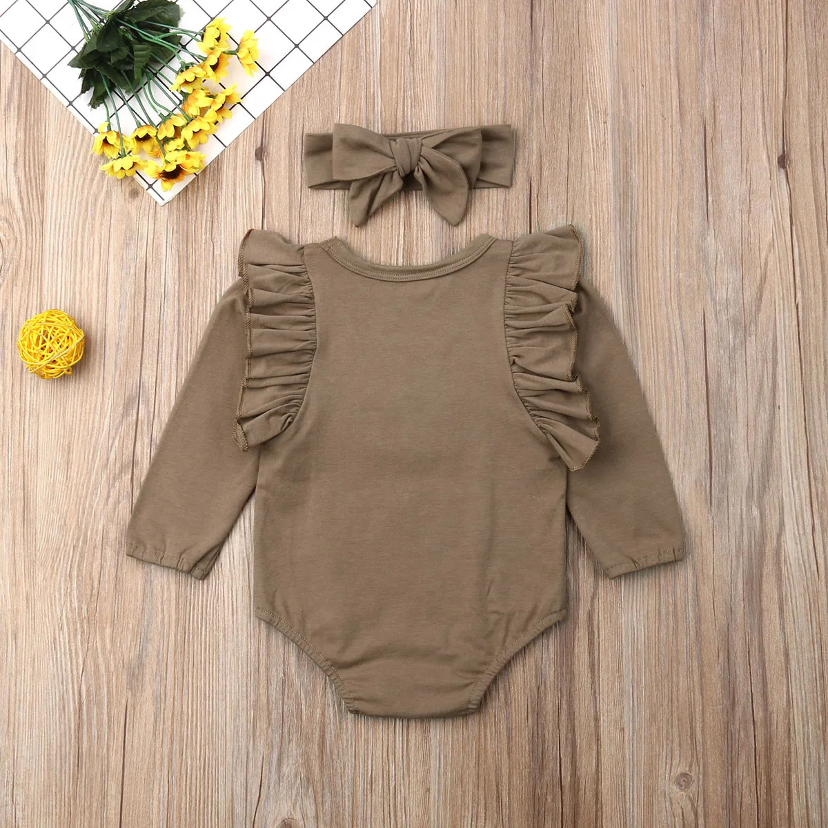 

2PCS Set Newborn Infant Baby Girl Clothes Autumn Solid Long Sleeve Jumpsuit Romper Casual Bodysuit + Headband Outfits Set