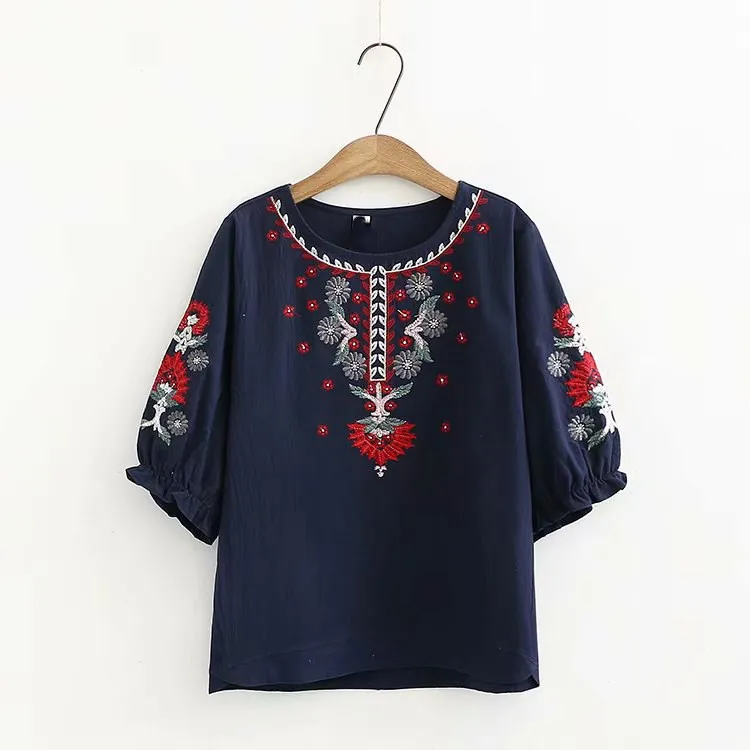 Женская винтажная блузка с цветочной вышивкой Повседневная Свободная пляжная