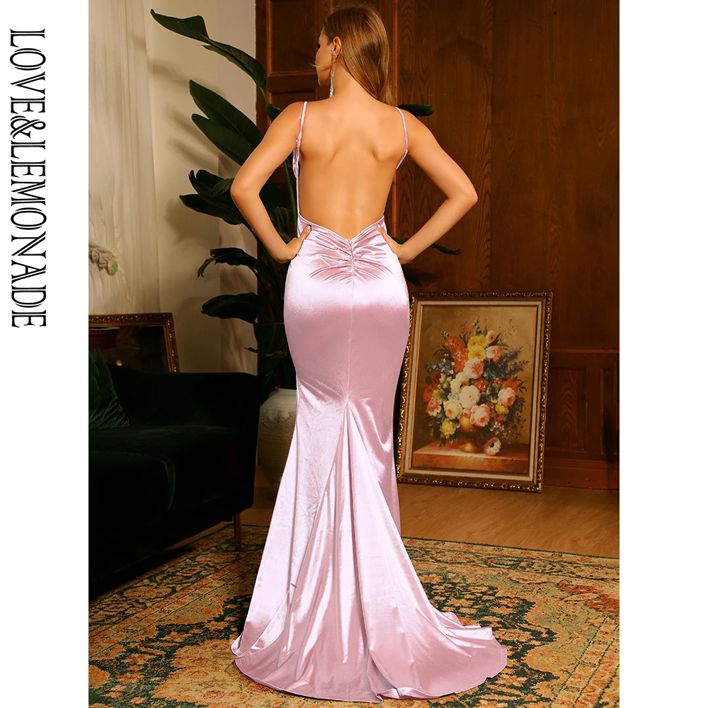 

LOVE&LEMONADE Light Pink Deep V-Neck Open Back Slim Flash Material Whit Split Maxi Dress LM81222-1