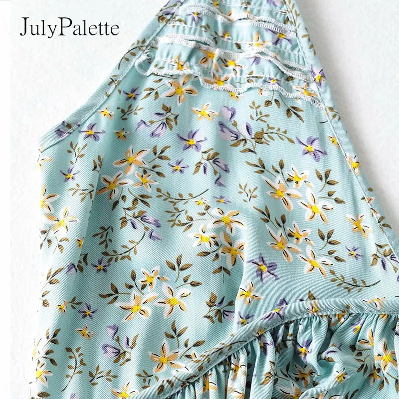 

Julypalette Sexy Spaghettistrap Deep V-neck Woman's Dress Fashion Floral Printed Splicing Ruffle Mini Dresses Summer Sundress