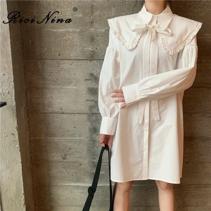 RICININA/Белое платье рубашка для женщин с рюшами и длинным рукавом фонариком на