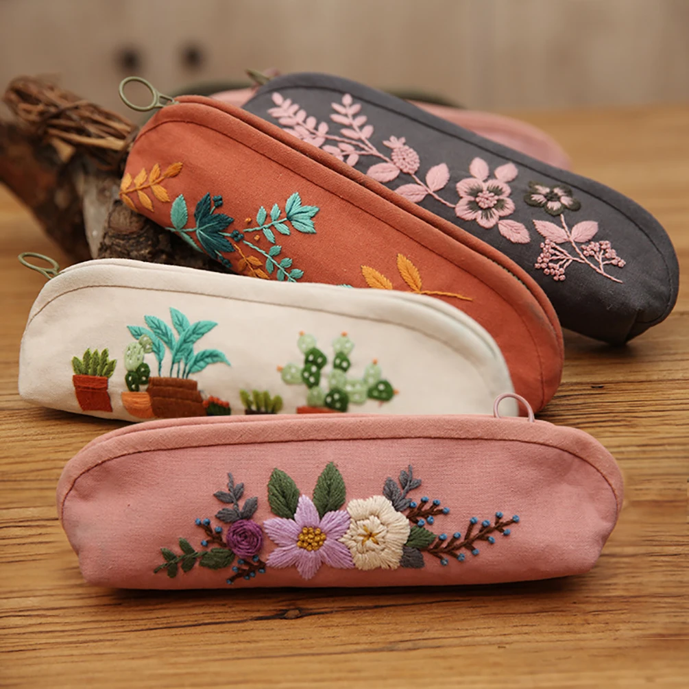 Estuche de lápices bordado de flores DIY, Kit de bolsa de cosméticos, costura hecha a mano, artesanía de Arte de costura
