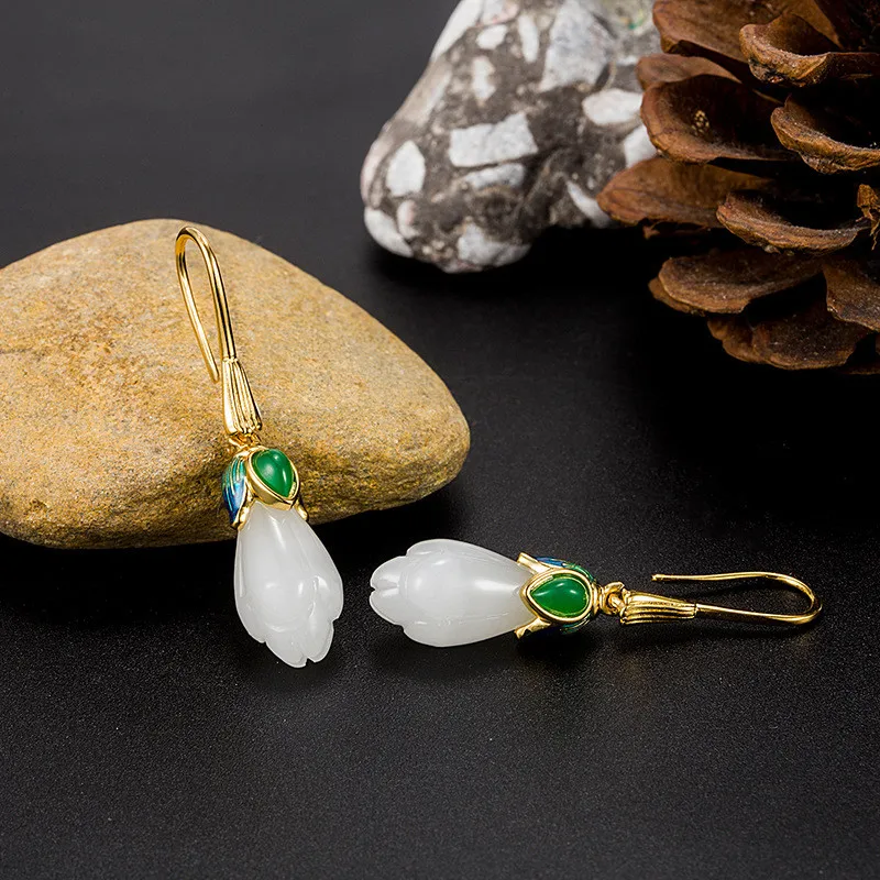 

Vintage Fashion Chic Tulip White Jade Gemstones Enamel Drop Earrings For Women Gold Color Jewelry Bijoux Party Accessories Gifts