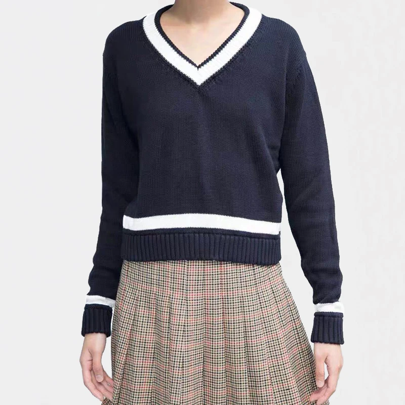 

Women V Neck Jumper With Contrast Stripe Preppy Style Cotton Knit Top