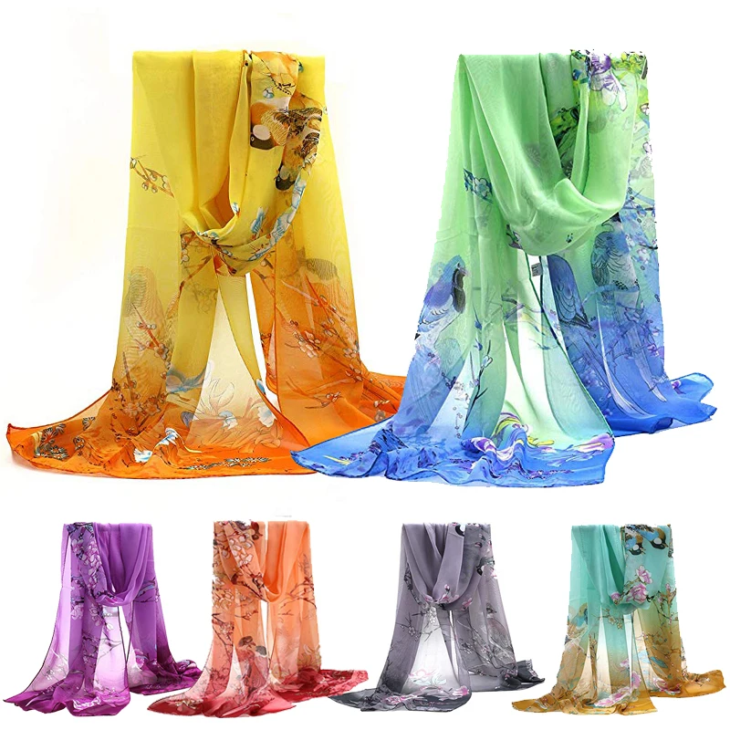 

1PCS Women's Fashion Casual Printed Chiffon Scarf Sunscreen Flower and Bird Natural Wind Decorative Windproof Scarf S78