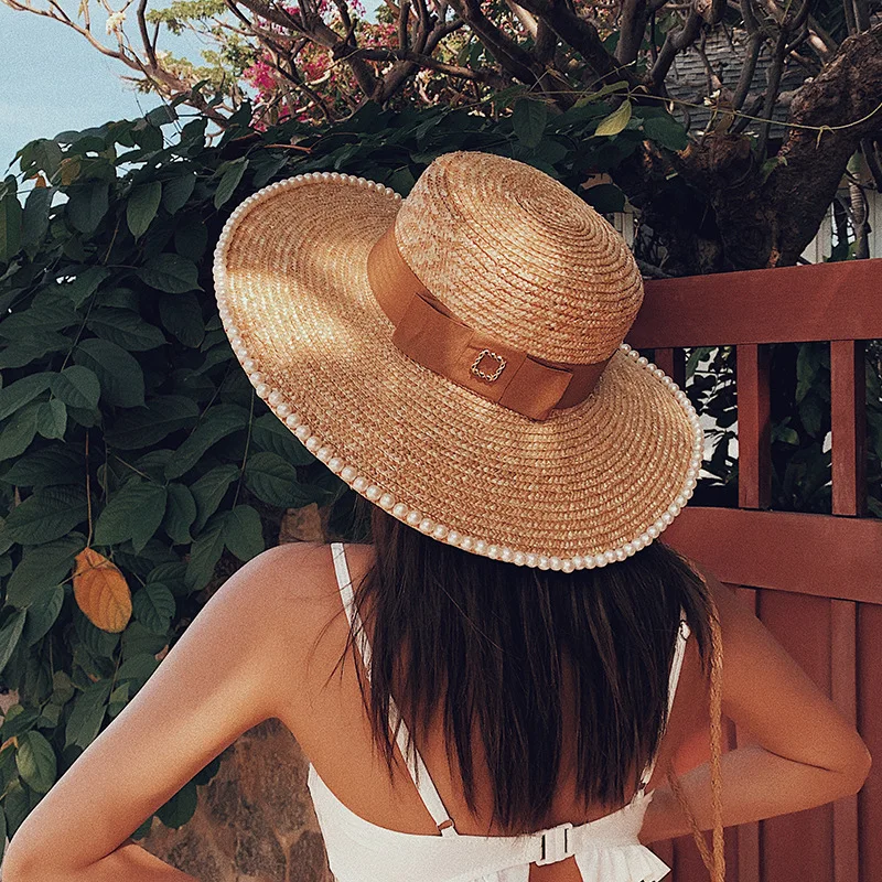 Соломенная шляпа с широкими полями и жемчугом Женская элегантная пляжная