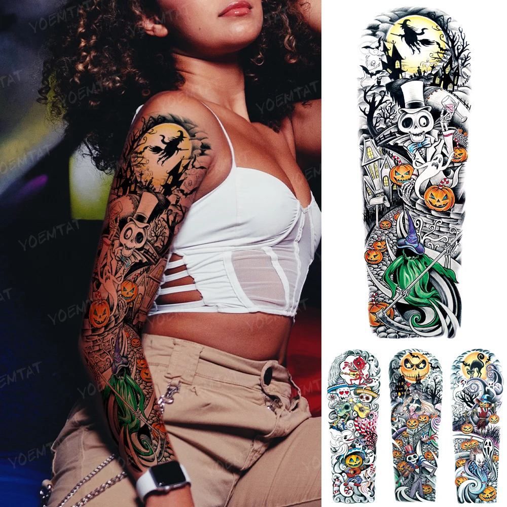 

Большая водонепроницаемая временная татуировка, наклейка на Хэллоуин, тыква, фонарь, зомби, искусство тела, искусственный рукав, татуировка