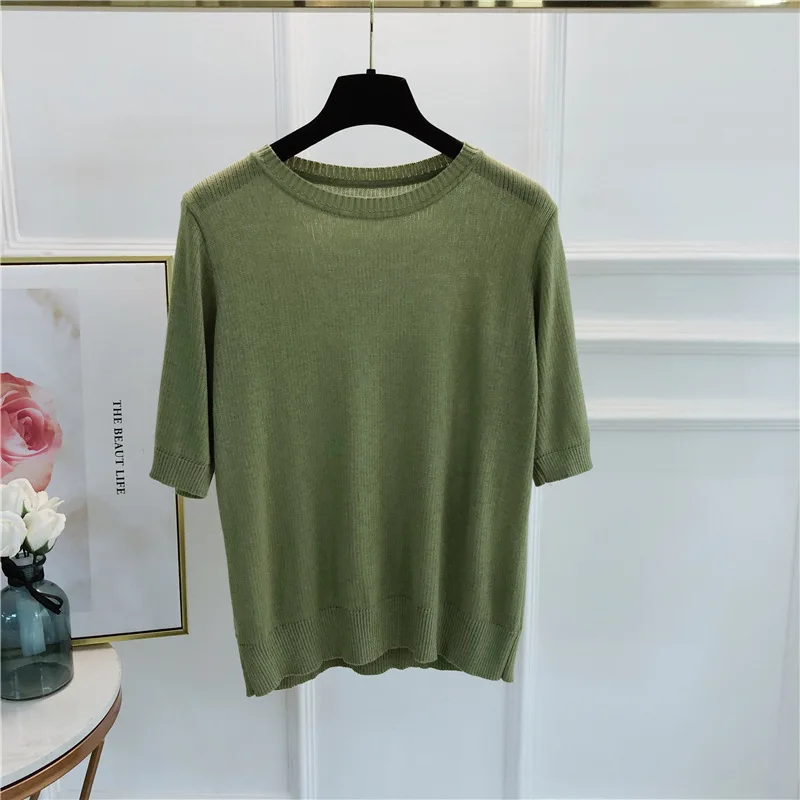 

Summer Solid O-neck Short Sleeve Knit Tshirt Simple All Match Knitted Tops Women New Soft Ropa Mujer