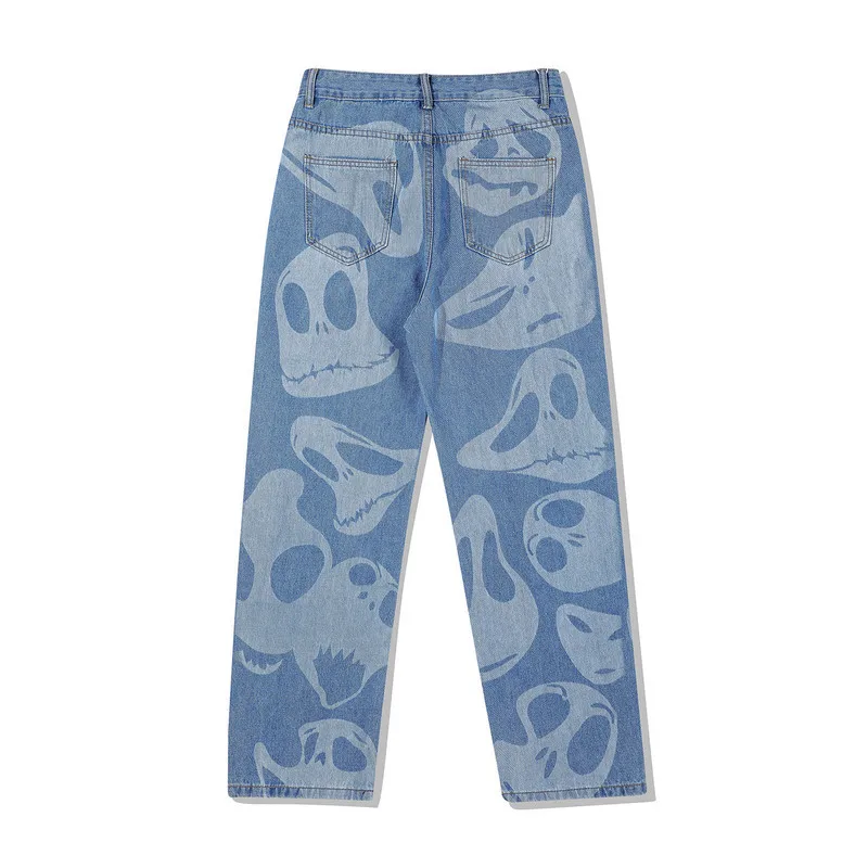2021 New Arrival Skull Full Print Punk Men Straight Baggy Jeans Trousers Hip Hop Oversize Women Wide Denim Pants Pantaloni Uomo