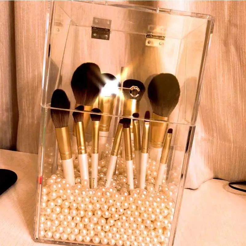 Transparent Acrylic Makeup Brush Storage Tube Fine Pearl Box Pen Holder Desktop Dustproof Without | Дом и сад