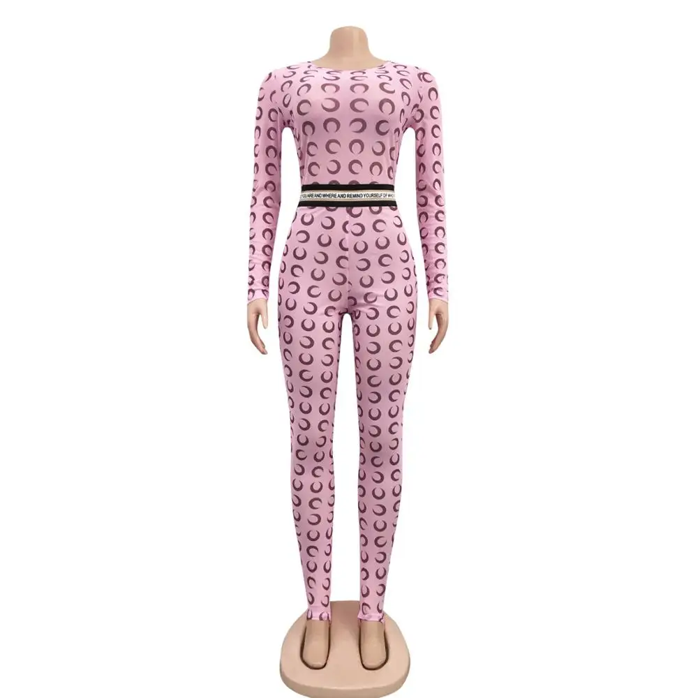 Moon Print Summer Sexy Rompers Womens Jumpsuit Female Long Sleeve Pink Neon Skinny One Piece Ladies Bodycon Jumpsuit Women