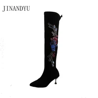 woman ethnic suede thigh high boots sewing cowboy pointed toe 6cm high heeled shoes black over the knee embroidered boots women