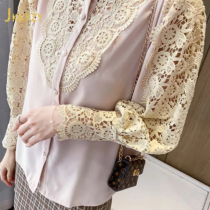 

2021 Spring Lace Stitching Stand Collar Shirt Woman Hollow Lantern Sleeve Pure Color Button Elegant Shirt Fashion Design Top