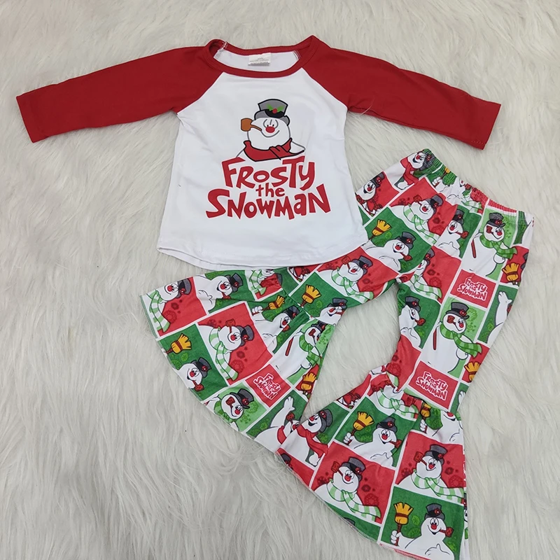 

Baby Christmas Frosty Snowman Long Sleeve Shirt Bell Bottom Pants Design Kids Girls Boutique Outfits Clothing