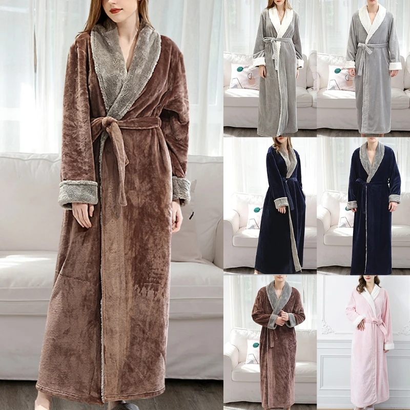 

L5YC Women Men Flannel Sexy Lapel Bathrobe Thick Coral Velvet Contrast Color Long Kimono Robe Warm Belted Nightgown Sleepwear