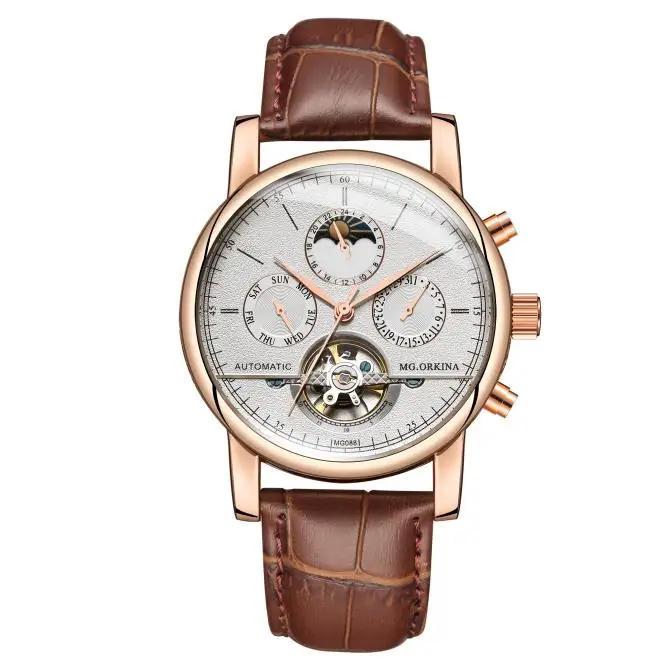 leather brown MG ORKINA Автоматические Мужские часы с самообмоткой Moon Phase наручные часы tourbillon механические наручные часы montre homme reloj hombre - Цвет: leather brown