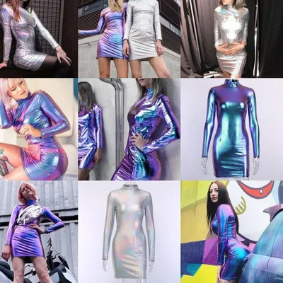 

DROZENO сексуальное платье для ночного клуба, цветное лазерное светоотражающее Фиолетовое Женское растягивающееся облегающее сексуальное ме...