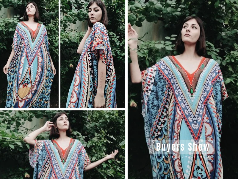 Женское Хлопковое платье туника синее пляжное кафтан с V образным вырезом и