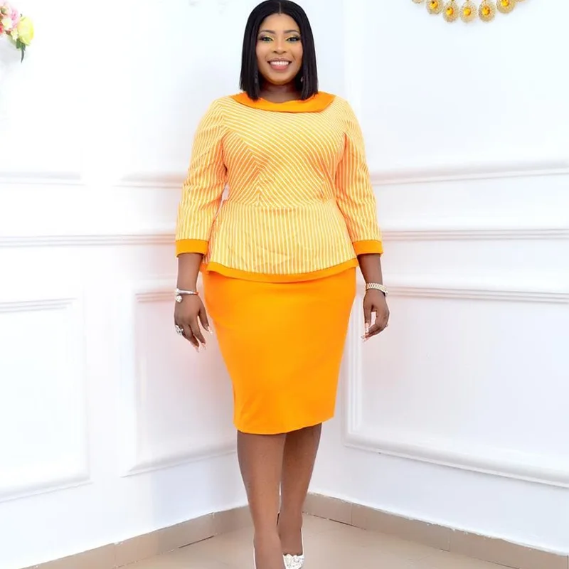 

2022 Spring Plus Size Sexy Pencil Skirt Lady Suit Yellow Loose Long Sleeved Top + Skirt Two Piece Set Women's Professional Suit