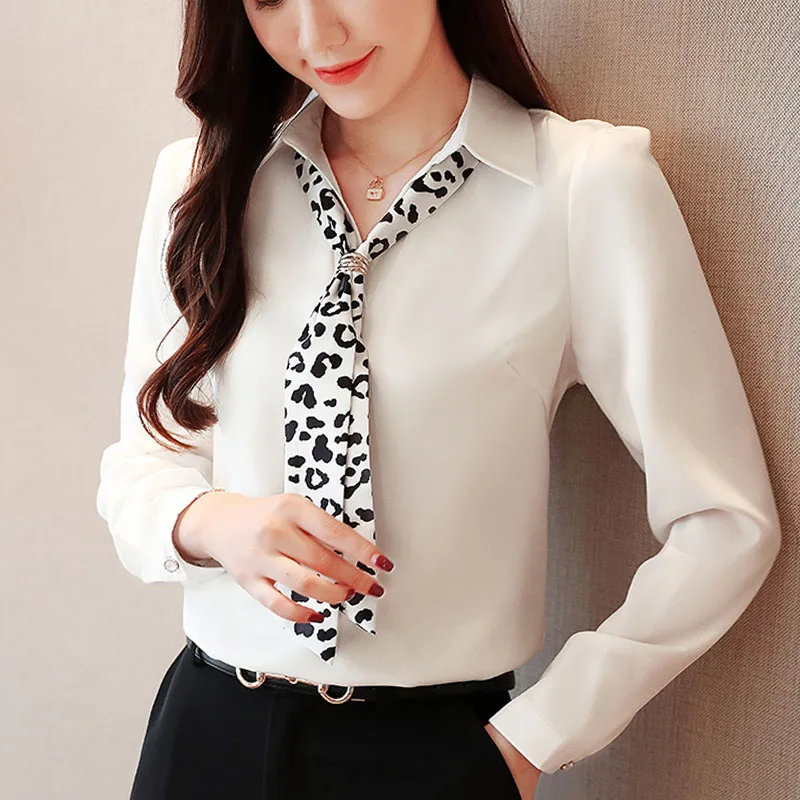 Женская шифоновая блузка на пуговицах белая рубашка с длинным рукавом и бантом в