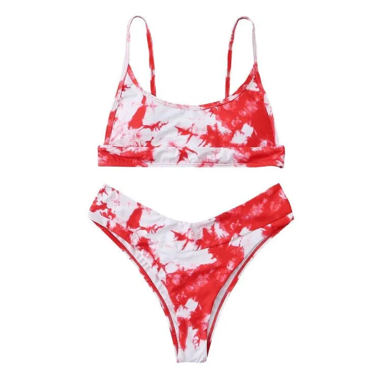 

Women's Tie-dye Print High-Breasted Straps Bikini Set Two-Piece Swimsuit Swijmwear 2021 maillot de bain
