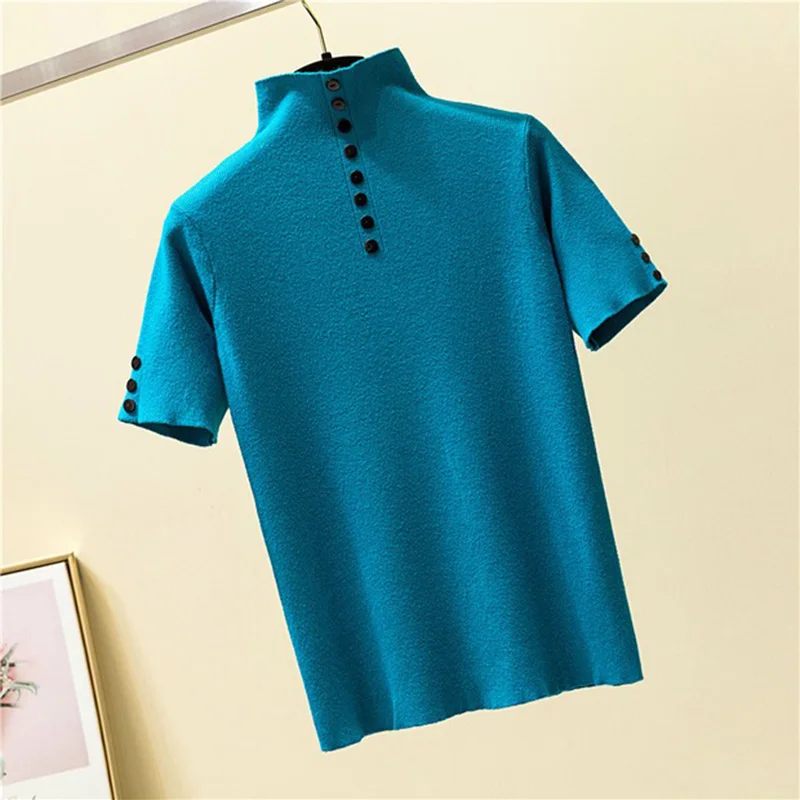 LJSXLS 2022 Summer Knitted Button Sweater Women Turtleneck Short Sleeve Slim Solid Womens Sweaters Ladies Pullover Pull Femme | Женская