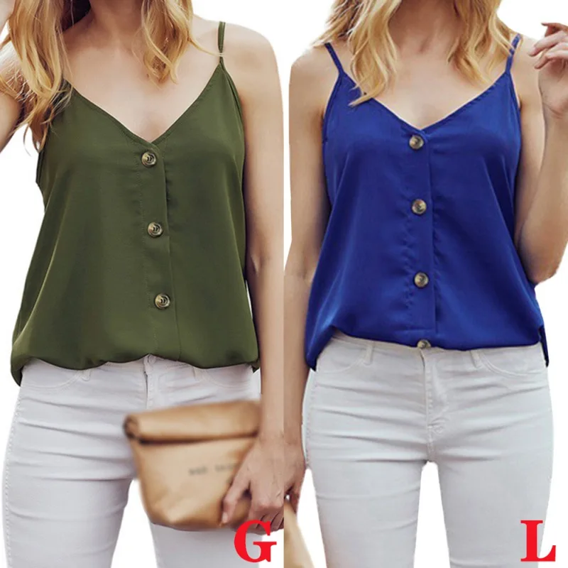 

Summer New Fashion Buttons Sleeveless Sling Ladies Pure Color Loose V-neck Tops