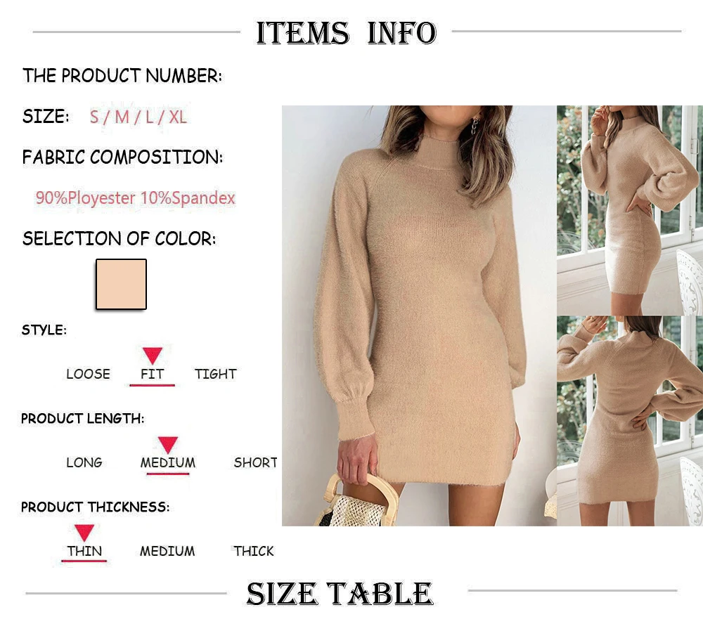 

Women Sweater Dress Spring Autumn Warm Fashion Clothes Solid Color Long Lantern Sleeve Round Neck Soft Mini Short Dress S-xl