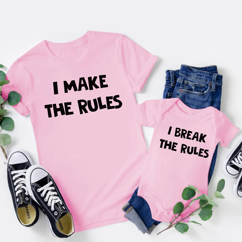 Ropa a juego para la familia, Camiseta de algod&oacute;n de aspecto familiar, pap&aacute;, mam&aacute;, ni&ntilde;os, beb&eacute;, I MAKE RULES I BREAK RULES, camiseta de aspecto familiar-1