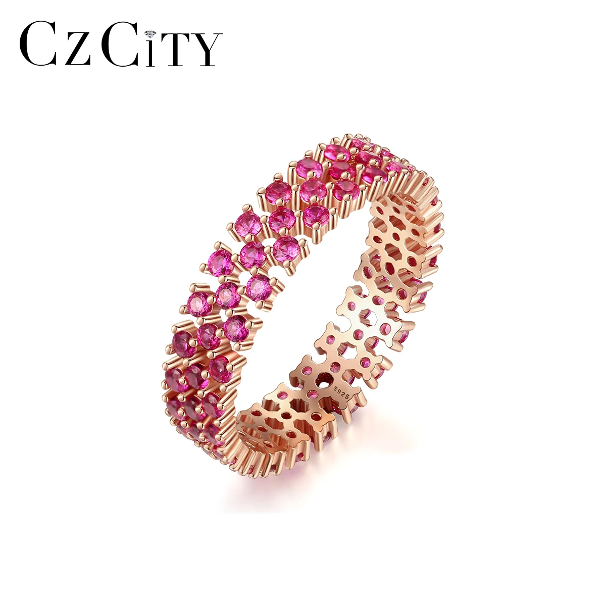 

CZCITY Genuine 925 Sterling Silver Eternity Rings for Women Engagement Wedding Fine Jewelry Round Topaz Gemstone Anillos SR0299