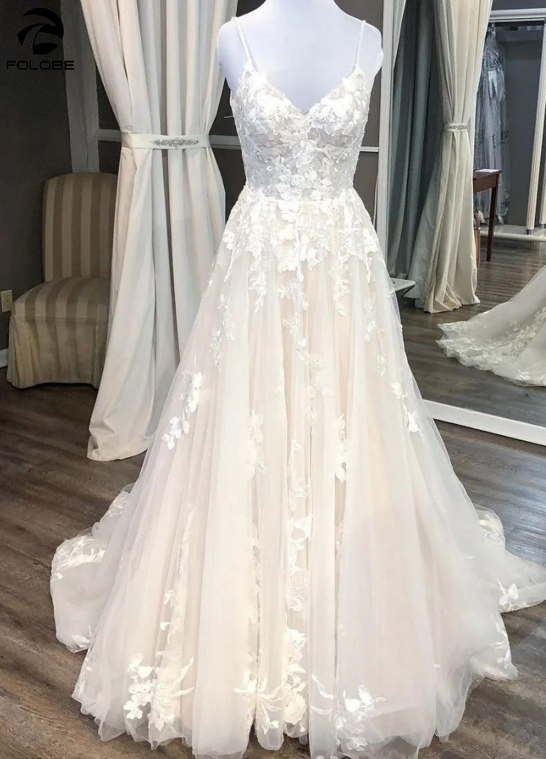 

Boho Wedding Dresses Backless Spaghetti Strpas V-neck Appliques Lace Bead Tulle A-line Simple Bridal Gown vestidos de novia 2021