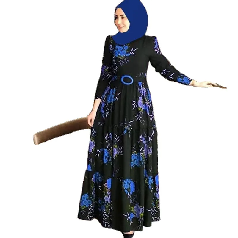 

Muslim national costumes new printed four-color temperament commuter elegant long-sleeved dress 2021