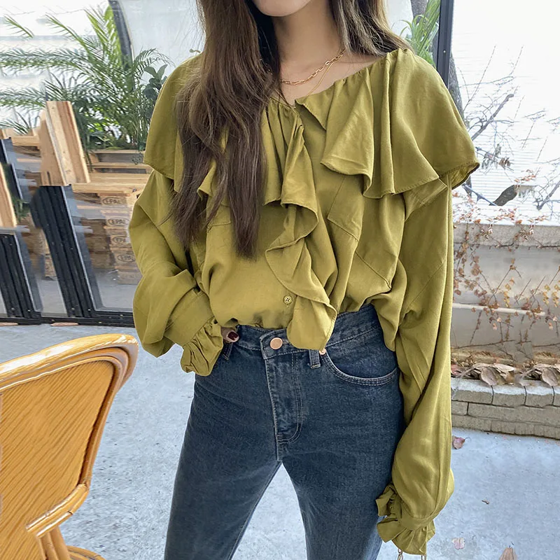 Женская блузка с длинным рукавом однотонный Свободный Топ в Корейском стиле