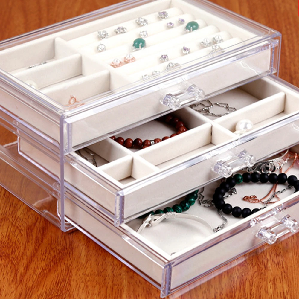 

Acrylic Flannel Jewelry Storage Box With 3 Drawers Ring Earring Necklace Bracelet Display Stand Desktop Jewelry Organizer Box