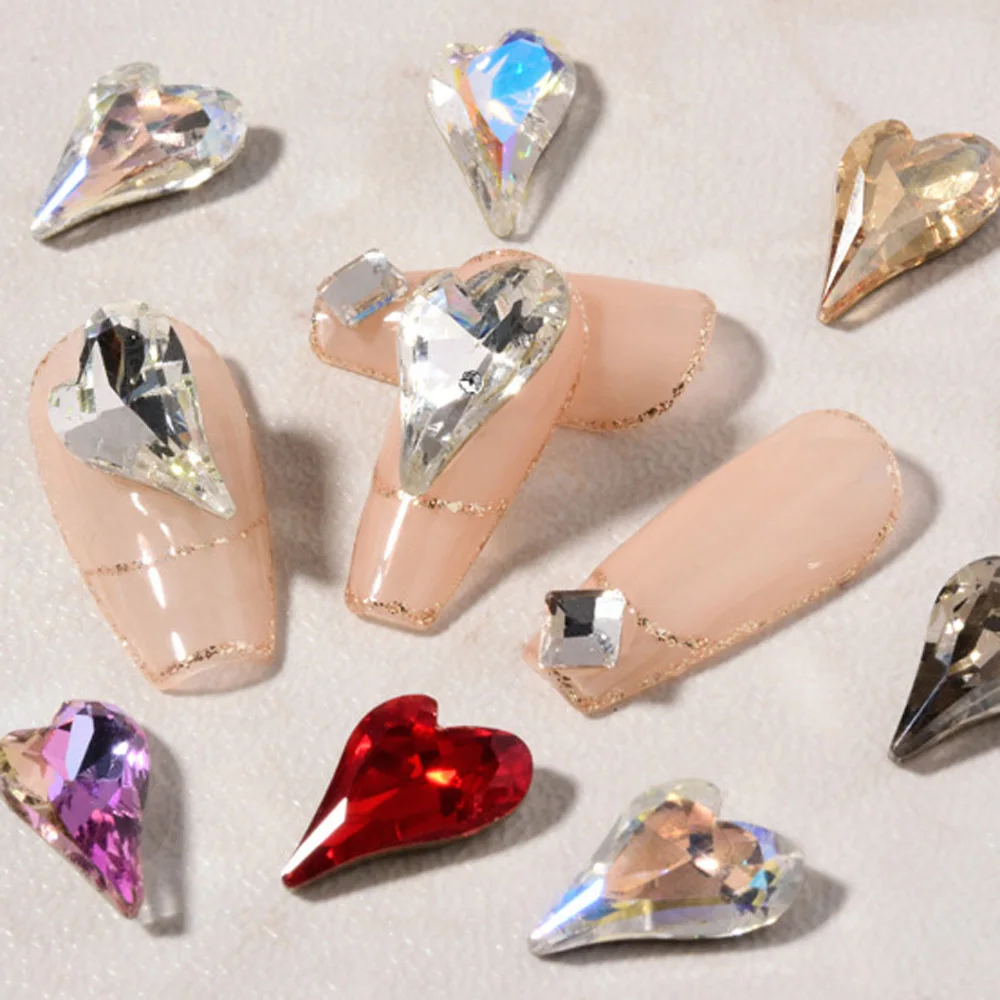 

10pcs/lot 9*14mm K9 Glass Nail Art Stones Crooked-Peach-Heart Rhinestone Jewelry DIY Diamond Decoration Pointback Accessories T#