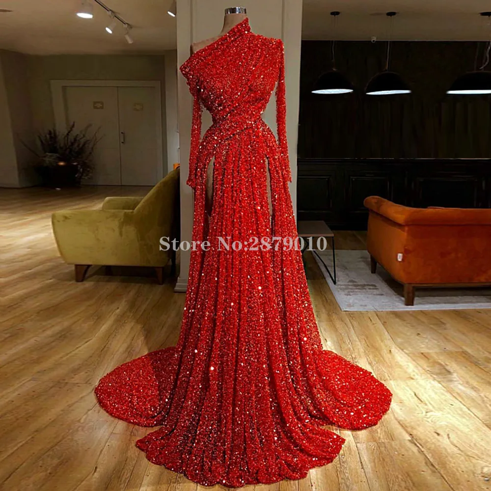 

Sparkly Red A-Line Evening Dress Floor-Length Sequins Prom Dress Slit Robe De Soiree Aibye Vestido de festa Middle East Dubai