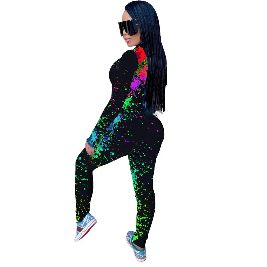 

Womens Jumpsuit Workout Activewear Galaxy Print Zipper Romper Sport Long Sleeve Fitness Sexy Bodycon Overalls Playsuits