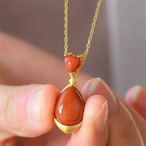 

Southern Red Agate Pendant Women's S925 Sterling Silver Necklace Water Drop High-End Jewelry Customized Retro and Fashion All-Ma
