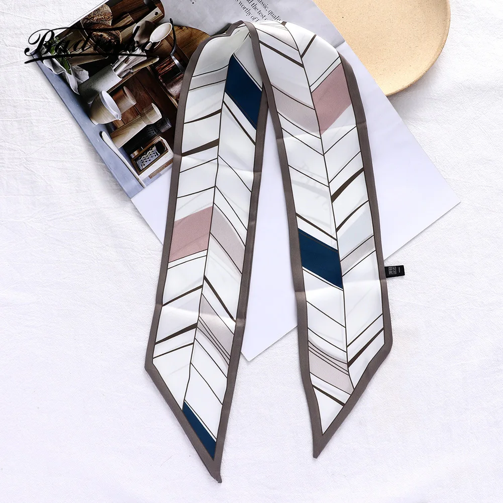 

2021 New Korean Leaf Print Twilly Shawl Scarf for Purse Bag Women Designer Silk Silk Headscarf Hair Satin Scarves for Ladies