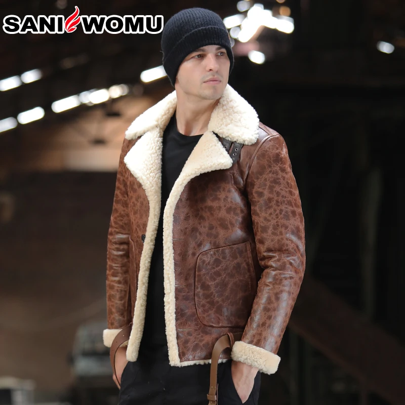 Sani Мужское пальто из овечьей кожи с коротким отложным воротником теплое