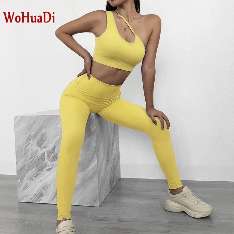 

WOHUADI Oblique Shoulder Sports Bra Fitness Women Yoga Set Gym Push Up Leggings Workout Running Suit Sportswear Athletic