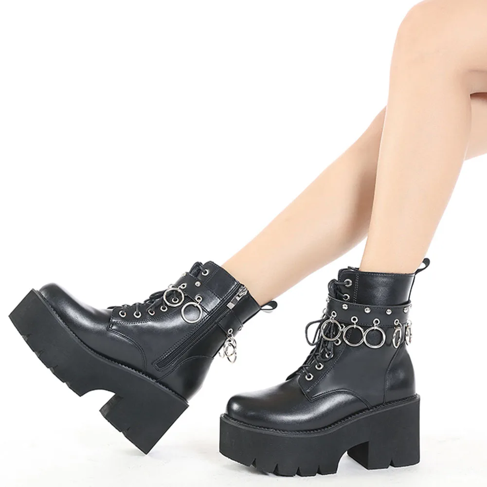 

GIGIFOX Goth Fashion Trendy Chunky Boots High Heels Platform Black Metal Punk Style Women's Shoes Boots