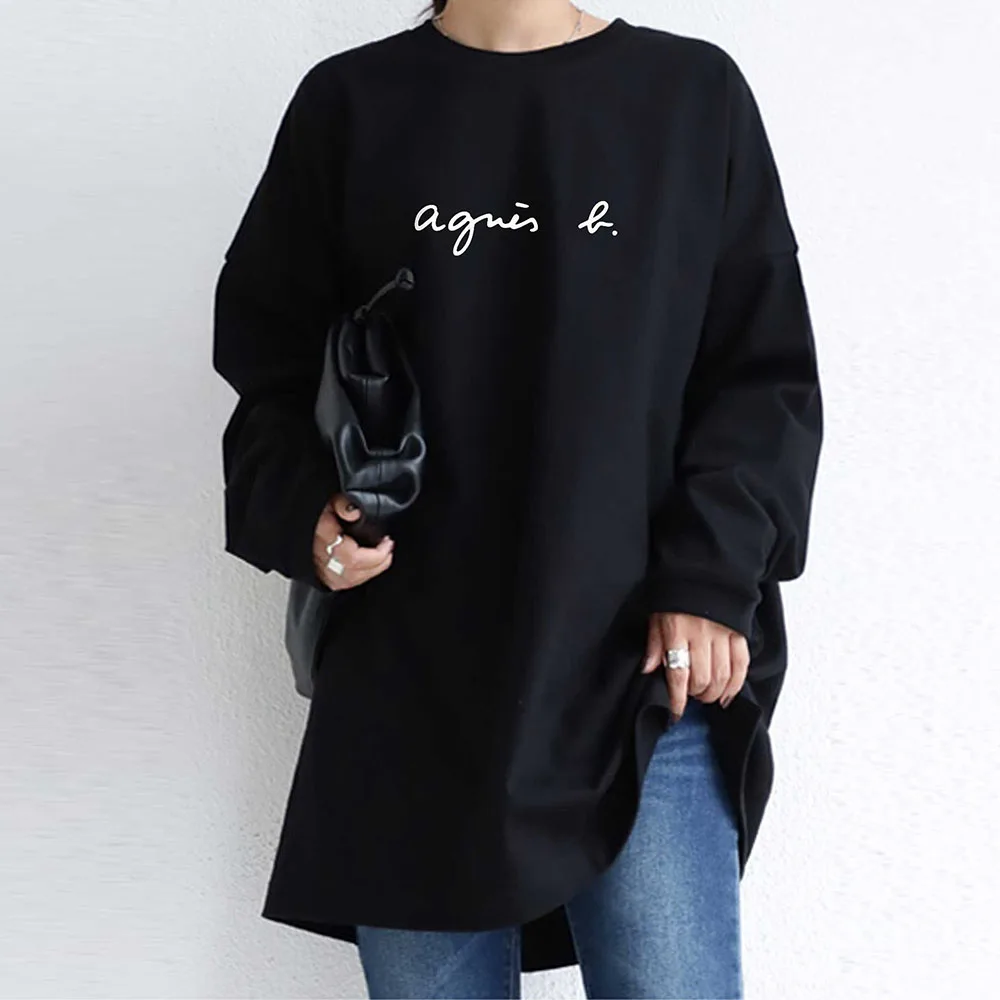 

Oversize Letter Patchwork Round Neck Women's Hoodie Black Solid Color Casual Loose Basic Ladies Sweatshirt Korea Fashion Clothes