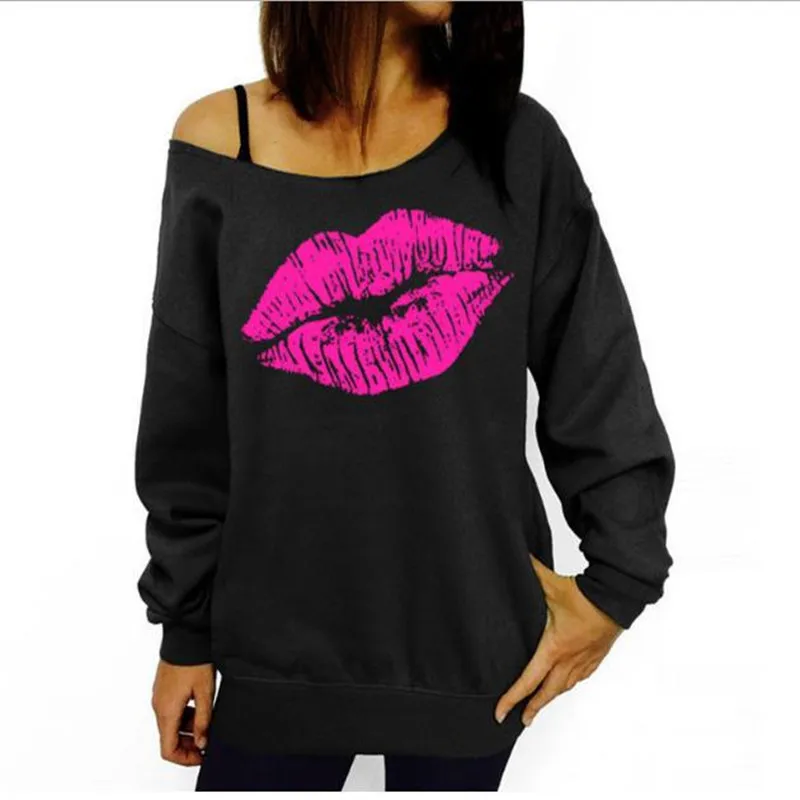 

Long Sleeve Autumn Off Shoulder Red Big Lips Slant Shoulder Sexy Women's T-Shirt