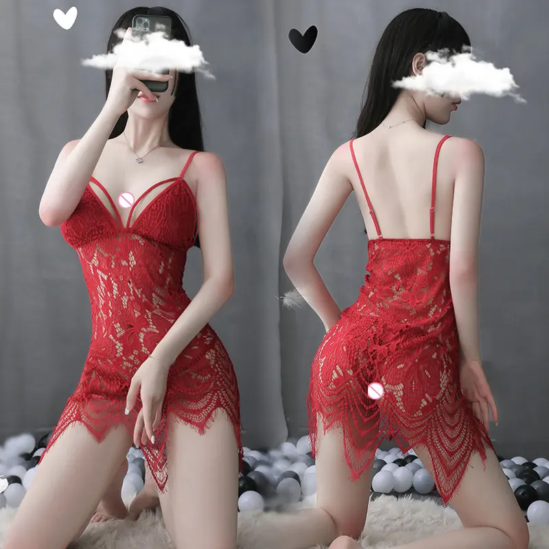 

Women Sexy Nightwear Red Black Lace Nightgown Hot Transparent Sleepwear Erotic Fascinated Sexy Lingerie Robe with G-String 2021