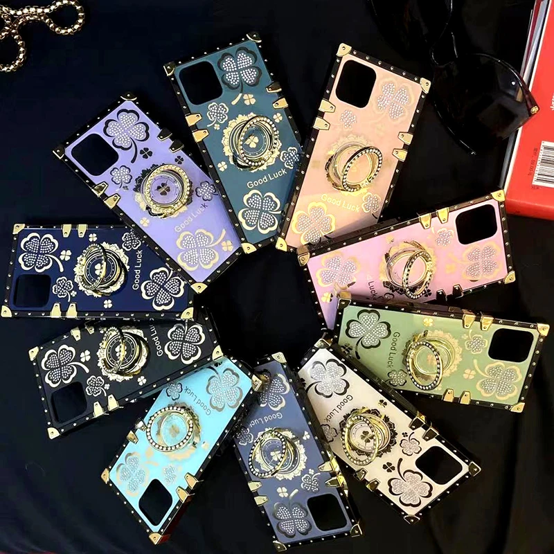 

Luxury Glossy Square Holder lucky case For iPhone 13Pro MAX 12 7 8 Plus XR XS MAX Lucky Flowers Diamond Ring Bracket Soft Cover