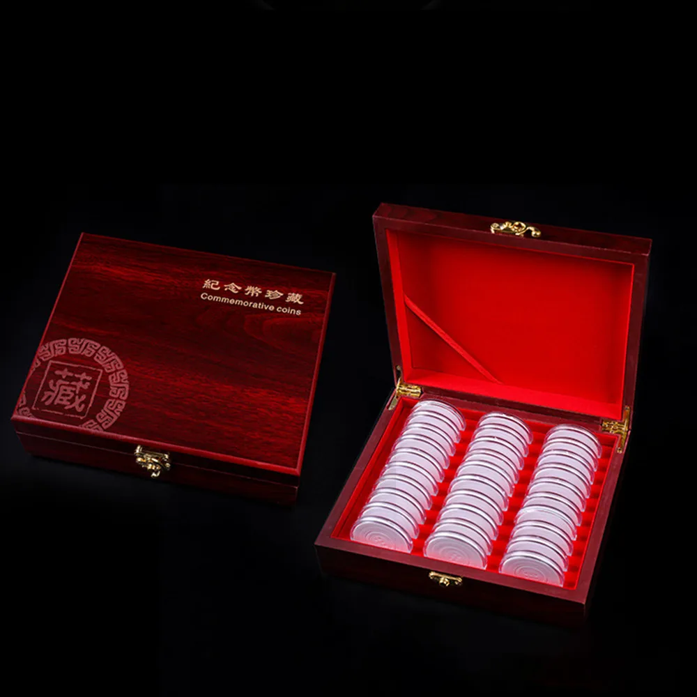 

30Pcs Round Coins Holders Storage Cases Wood Supplies Gold Container Display