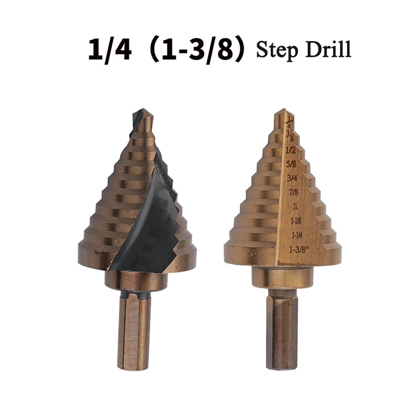 

1/4 Turn 1-3/8 Metal High Speed Steel Titanium-plated Spiral Step Drill Bit Pagoda Straight Flute Taper Hole Opener Tool