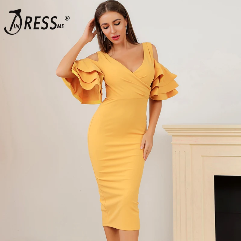 INDRESSME 2020 Новое Женское желтое платье с рюшами и бабочками коротким рукавом летнее