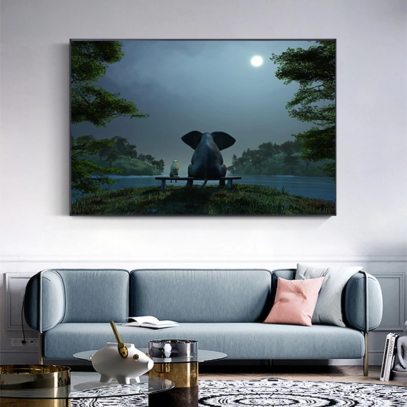 

Modern Night Scene Wall Art Print Posters Pictures Living Room African Animal Elephant Landscape Canvas Paintings Decor Cuadros